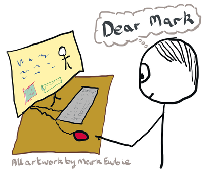 Cartoon of guy filling in a response form - thinking Dear Mark as a thought bubble