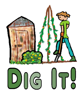 Allotment gardening design shows keen gardener digging on an allotment vegetable patch, tending a community garden and looking after their plot of land.  There are vegetables growing and a shed in the background.  For people who grow their own and dig the results.