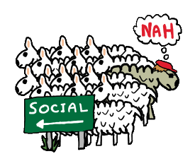 Antisocial or Asocial Sheep design shows the sheep flocking to the next Social event. Our antisocial hero heads off in their own direction, wearing shades, hat, saying 