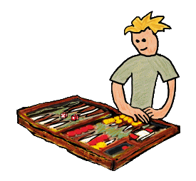 Backgammon design shows a player making a move on a backgammon board.