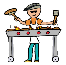 Barbecue BBQ design features a barbecue chef standing behind the grill cooking up some treats. For grillmasters and fans of outdoor cooking.