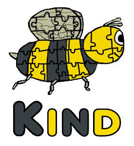 Bee Kind Puzzle design features a hand drawn bee made of puzzle pieces with the word 