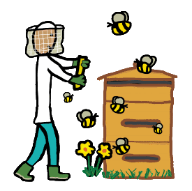 Beekeeping design shows beekeeper holding honeycomb and approaching the hive where the honey bees are flying around.  For apiarists and beekeeping fans.