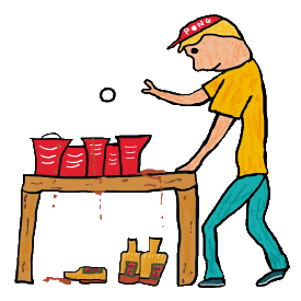 A champion beer pong player leans on the table, aims his ping pong ball at the red plastic beer cups and waits for them to stop moving. It has been a long night with one last chance for victory. A fun drawing for beer pong players and fans of drinking games.