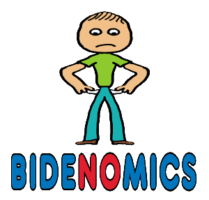 Bidenomics design shows a broke stickman emptying out his pockets above the single dreaded word 