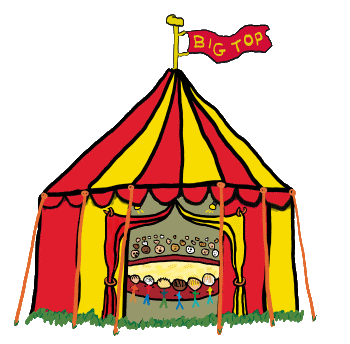 Big Top Circus Tent design features a red and yellow striped tent with flaps open - welcoming the audience to the next show. A flag flies above the tent with 