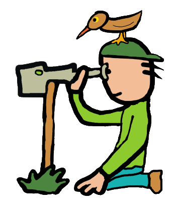 Humorous birdwatching design.  A keen ornithologist - that's bird watcher to you and me - observes the horizon for rare species while a bird stands on his hat.  Ornithology image for feathered friends and birding enthusiasts.