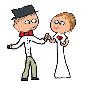 Bride and Groom Wedding Day design features the bride and groom holding hands and celebrating their marriage.  He wears top hat and bow tie and she wears a wedding dress and holds flowers.  A fun graphic of a happy couple who are just married!.