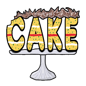 Cake is a humorous cake design using the word as the cake with all sorts of delicious filling and topping displayed on a glass stand. Someone already took a bite.