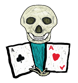 Card Playing Poker Aces shows a skull smiling as he presents a pair of tattered aces. He wins again in this humorous design for card fans.