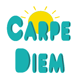 Carpe Diem, Seize The Day design shows the sun rising behind the large words of the expression. Make the most of today!