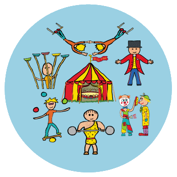 A fun Circus Acts design shows a set of hand drawn circus themed images with Big Top, trapeze, ringmaster, clowns, strongman, juggler and plate spinning acts.