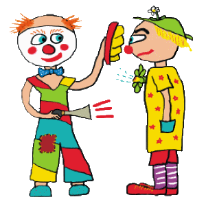 Two circus clowns with loud horn, custard pie, squirting flower and face paint makeup in fun design for fans of clowning.
