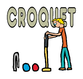 A croquet player stands with mallet lining up a shot in drawing of a croquet game