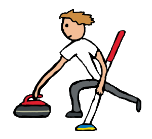 Curling design shows curler in action of releasing the granite slide stone - sending it on the way to the target area in this winter sport game of curling. Holds broom in other hand in this fun cool graphic for curling fans and players.
