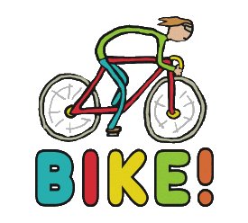 Cycling design shows a cool stick figure cyclist riding a racing bicycle at full speed. Hand drawn cycling graphic for enthusiasts.