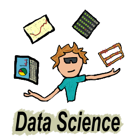 Data science illustrated by picture of data scientist juggling big data such as a laptop, graph, servers and an abacus.  The point being the mess and mass of data to be analyzed requires a professional such as a Data Scientist.  Move over business analysis - the Data Science Guy has arrived!