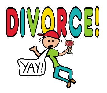 Divorce! design shows large divorce lettering with a happy person celebrating getting divorced. Free at last!