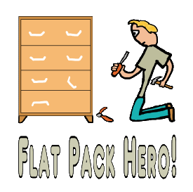 Flat Pack Hero design shows self-assembly expert with screwdriver tackling his biggest job yet. With patience and minimal swearing this handyman completes the task to perfection.  A flatpack superstar!