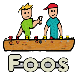 Foosball design shows a couple of table soccer enthusiasts ready for a game of table football.  The word 