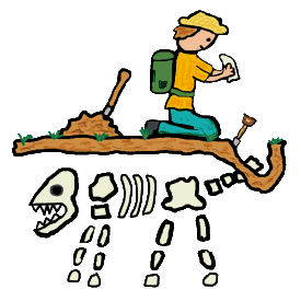 For fossil hunting enthusiasts - a fun design featuring a keen fossil collector. A hole has been dug and a tail bone recovered which is being examined closely.  Under the ground is a complete fossilised skeleton - a fossil collecting dream find.