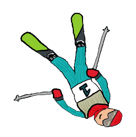 Freestyle skiing design shows a halfpipe skier upside down in mid-air.  A fun slopestyle or aerial skiing graphic.