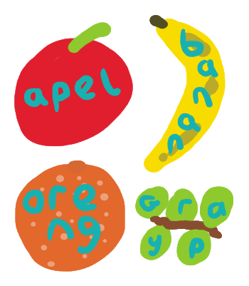 Funny Fruit is a fun drawing of different fruits with captions - apel (apple), banan (banana), oreng (orange) and grayp (grapes). For kids of all ages!