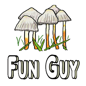 Fun Guy features hand drawn mushrooms (funghi) above the Fun Guy wording.  A funny mushroom pun for the fun guy with a sense of humour.
