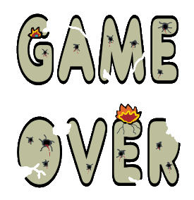 Game Over features tattered shot out lettering with fires and holes showing that the game really is over. For now.