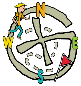 Geocaching design features the geocache symbol as a background with a geocacher in pursuit of the flag. With compass signals and trails this is is a fun and striking image for geocache fans.