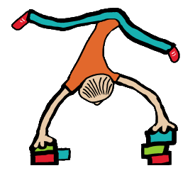 Handstand design shows a performer hand balancing on building blocks.  A circus or street performance act where the artist spends most of the time upside down.