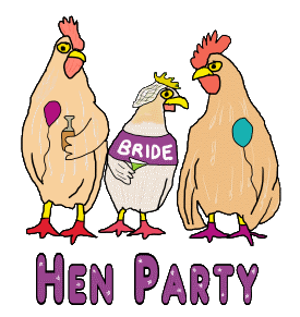 Hen Party or Hen Night shows three hens out on the town celebrating the forthcoming wedding. The bride to be wears a crown and veil and her friends are there supporting her.