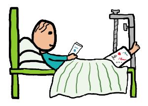 Hospital Bed design shows stickman reading a card while lying in bed.  Has a broken leg in a signed cast raised by special equipment.  Patient has comfy pillows and a relaxed resigned attitude to a hospital stay.  Get well soon!