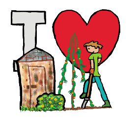 I Love Gardening shows a happy gardener digging vegetables with plants growing, a garden shed and a large I Love background.