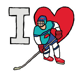 I Love Ice Hockey shows an ice hockey player in front of an I Love motif. A fun hand drawn design for hockey fans and players.