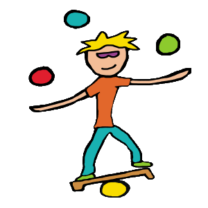 Juggling three balls and balancing on a rola bola board - a circus juggler with style and skills.