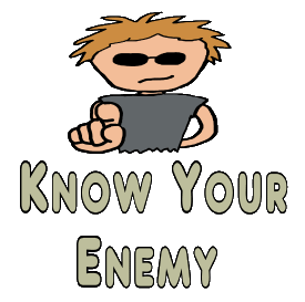 Know Your Enemy design features a person pointing at the viewer and the statement to know your enemy below. A simple statement in a cool attention grabbing graphic.