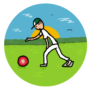 A fun Lawn Bowls design shows a bowler in action pose about to send the bowl hurtling towards the jack.  The jack is not shown because it is miles away.  Has one foot on the mat, more or less the correct stance and the bowl will be true.  Unless it is one of those crafty unbalanced ones!  For fans of Lawn Bowling.