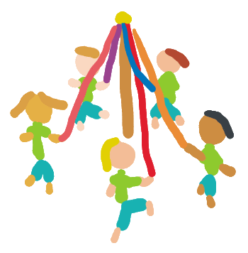 Maypole dancers dance around the maypole in the traditional May Day celebration.  They wear flowers in their hair and hold brightly coloured ribbons attached to the tall wooden pole in this fun illustration to celebrate Maypole Dancing.