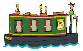 Fun narrowboat design features proud captain piloting narrow boat through the locks and waterways at a tranquil pace.  Complete with ships dog, flowers and other details, a hand drawn graphic for canal boat dwellers, owners and holidaymakers.