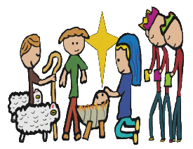 Stick figure shepherd, Baby Jesus, Mary and King in a cartoon Nativity drawing