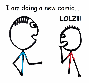Stick man explaining about his new comic strip to a friend