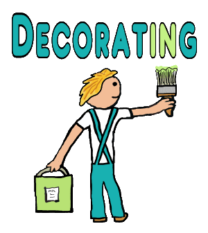 Painter and Decorator design shows a painter dressed in overalls with a bucket of paint in one hand and a loaded paintbrush in the other. For people who enjoy painting and decorating!