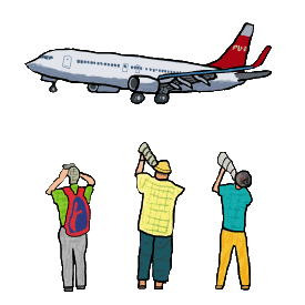 Plane Spotting design shows aircraft spotters observing an incoming airplane in this fun image for keen airplane observers.