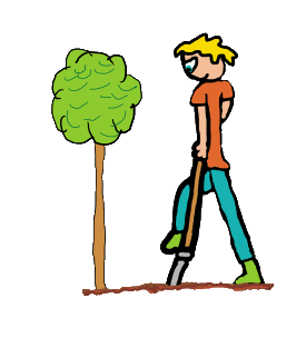 Plant A Tree design shows freshly planted tree with stickman forester plus spade. Cool eco graphic to celebrate and support tree planting.