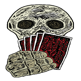Poker Player shows a skeleton playing a poker hand with cards held in front of face.