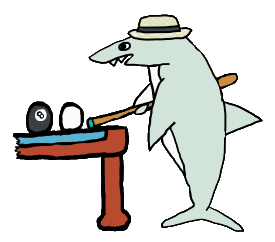 Pool Shark shows a shark playing pool.  A cool pun with good looking shark wearing hat and holding cue as he lines up the eight ball.