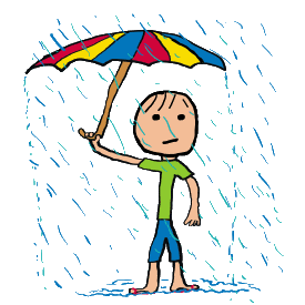 Holiday weather can mean rain, raining and more rain.  Fun design features a bright umbrella with stick figure holidaymaker sheltering underneath it.  Wears shorts and flip flops for when the sun comes out again!