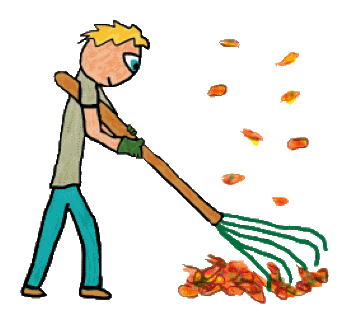 Design shows a gardener raking up Autumn leaves.  An annual garden job that comes each fall along with the beautiful colours of Autumn.  On a quiet day, gentle raking and the rapid tidying effect can be a pleasurable chore.  Affectionate cartoon style image of this seasonal garden activity.