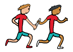 Relay Racing design shows two runners in a relay race aiming for a successful baton transfer to begin the next stage.